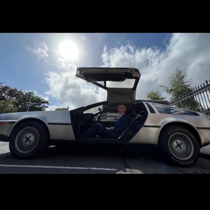 Professor John Gilmer checking out the DeLorean on Trinity's campus.