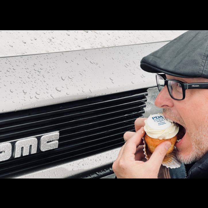 The cupcakes of our labor. Phill enjoying a treat from PDA Ireland.
