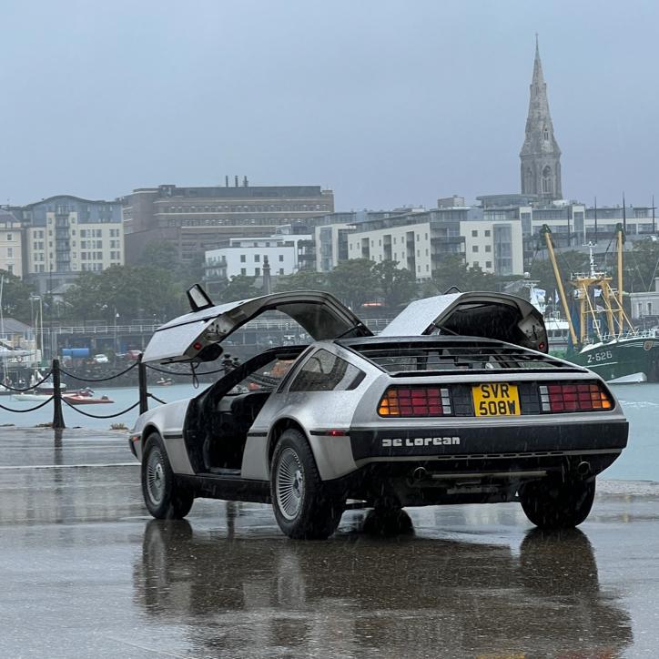 The DeLorean ready for liftoff on the Dublin docks.