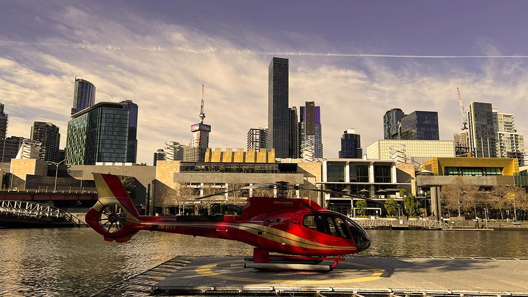 Coming in for a landing at the riverside heliport.